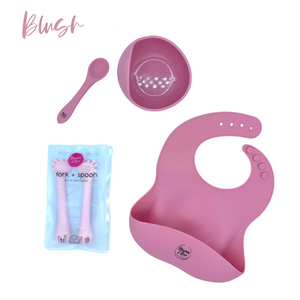 Bowl + Spoon set, 2 pack self feeder and Silicone Catch Bib