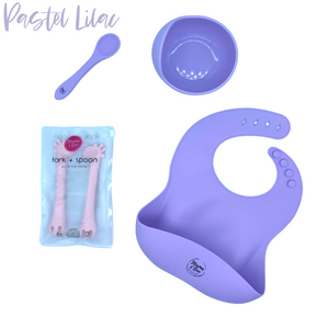 Bowl + Spoon set, 2 pack self feeder and Silicone Catch Bib